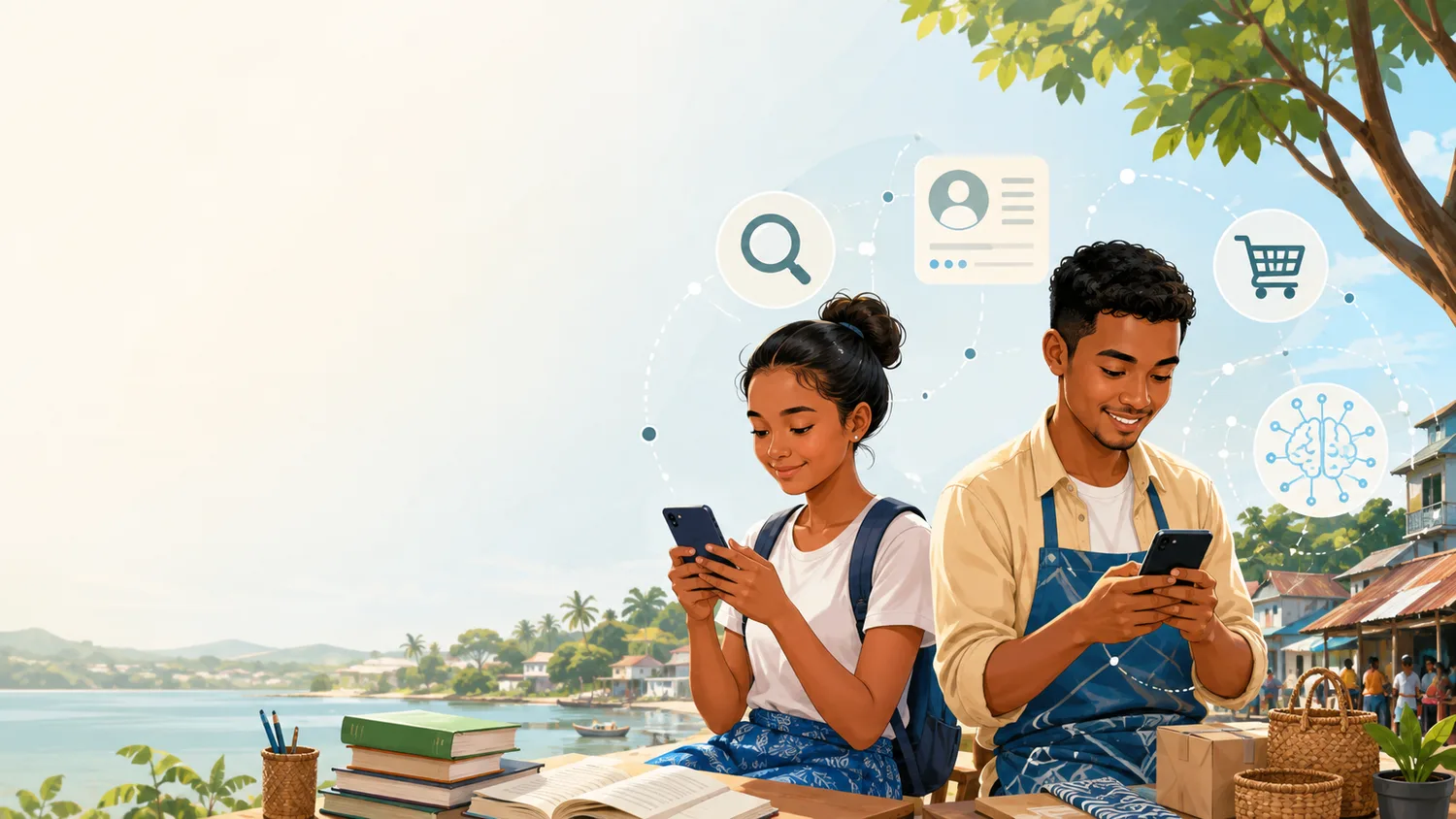 Jeunes étudiant et entrepreneur utilisant leur smartphone dans un environnement côtier malgache